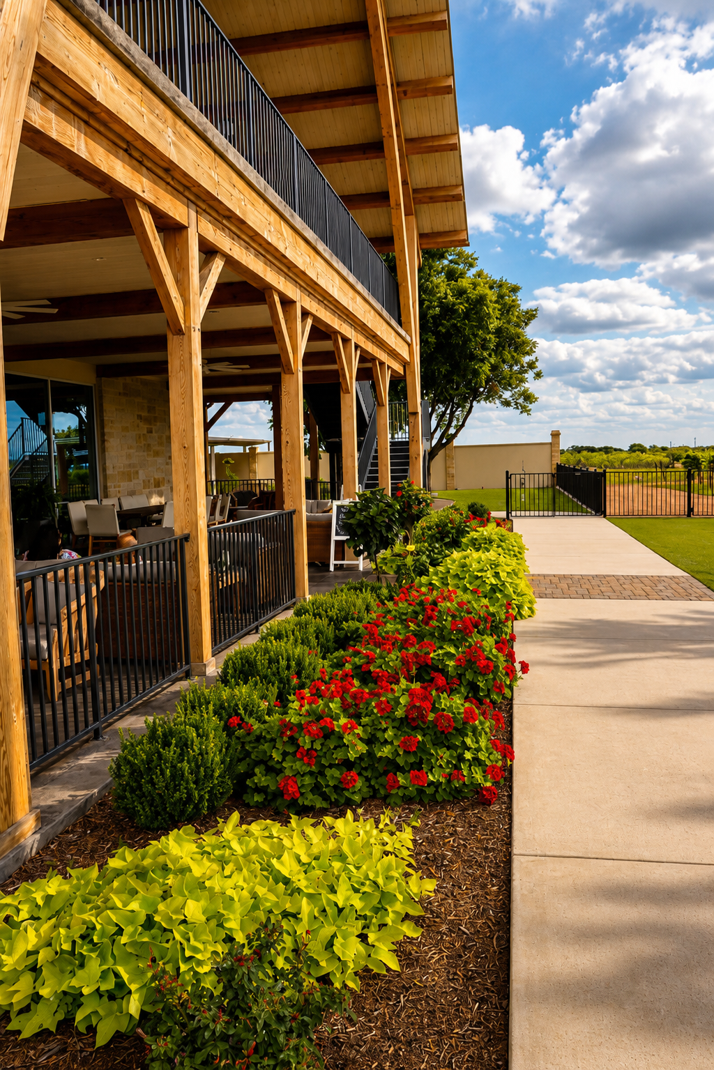 Elegant winery patio with gardens and Hill Country views